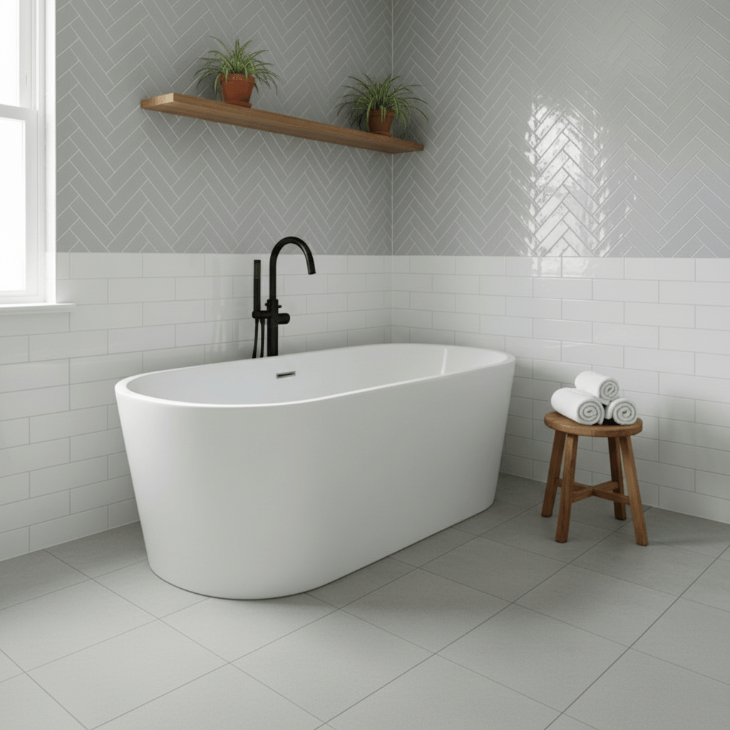 Salle de bain - Carrelage blanc et gris - joint blanc